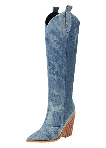 AOOAR Damen Blockabsatz Langschaft Cowboy Stiefel Denim Blau 37 EU von AOOAR