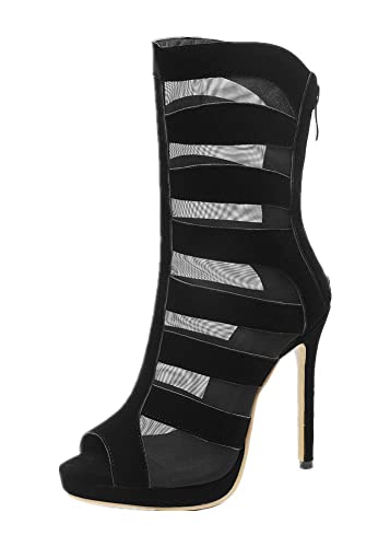 AOOAR Damen Peep-toe Stiletto High Heels Mesh Sandalen Boots Schwarz 48 EU von AOOAR