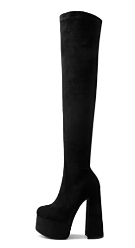 AOOAR Damen Plateau Blockabsatz Stretch Overknees Stiefel Schwarz Wildleder 40 EU von AOOAR