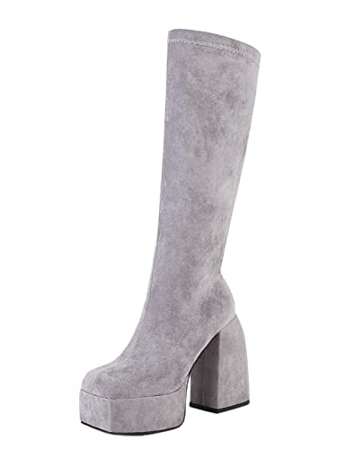 AOOAR Damen Plateau Chunky High Heels Kniehohe Stiefel Elastische Absatzschuhe Grau Wildleder EU 38 von AOOAR