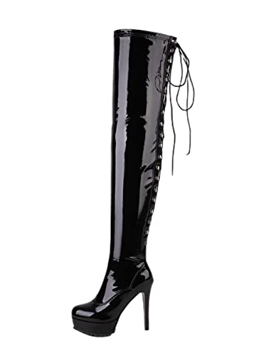 AOOAR Damen Plateau Overknees Stiefel 12 cm Stiletto High Heel Langschaft Schnürstiefel Schwarz Lack EU 41 von AOOAR