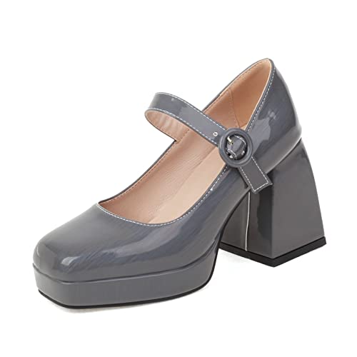 AOOAR Damen Pumps mit Riemchen Blockabsatz Mary Jane Elegant Plateau Schuhe mit Absatz 9 cm Grau Lack 43 EU von AOOAR