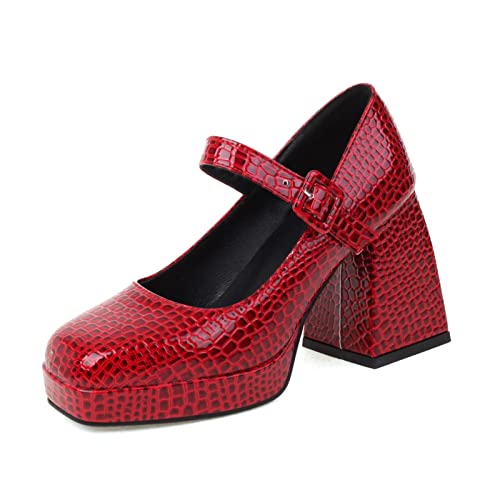 AOOAR Damen Pumps mit Riemchen Blockabsatz Mary Jane Elegant Schuhe mit Absatz 9 cm Rot Steinmuster 40 EU von AOOAR