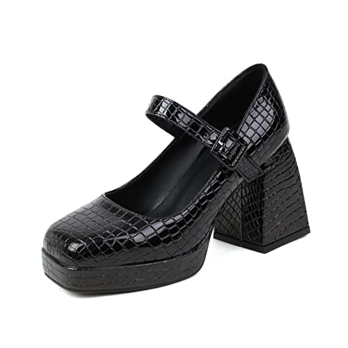 AOOAR Damen Pumps mit Riemchen Blockabsatz Mary Jane Elegant Schuhe mit Absatz 9 cm Schwarz Steinmuster 37 EU von AOOAR