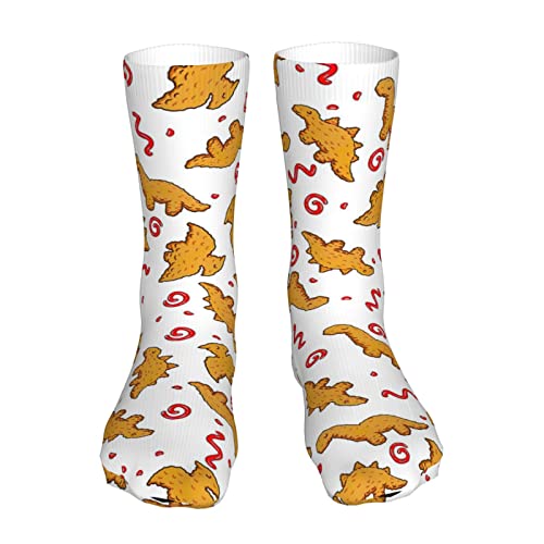 AOOEDM Dino Chicken Nuggets Muster Socken Damen Sportsocken Strümpfe Schlauchsocken Hohe lässige feuchtigkeitsregulierende Socken für Damen Herren 16 Zoll von AOOEDM