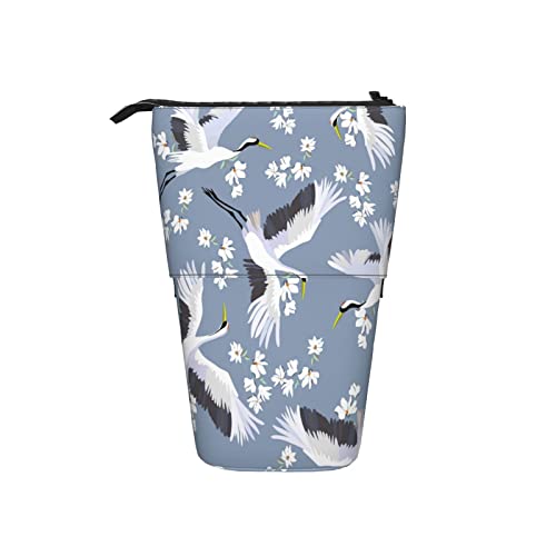 AOOEDM Federmäppchen Japan Flying Bird Crane White Flowers Blue Pattern Stehender Stifthalter Teleskop-Federmäppchen Federmäppchen Schulbedarf Federmäppchen Schreibwarenbeutel von AOOEDM