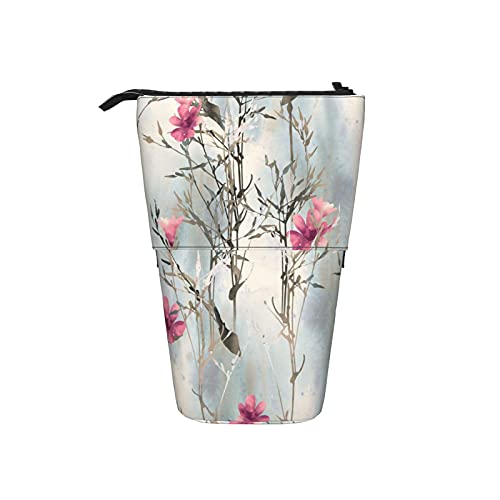 AOOEDM Gras Teleskop-Federmäppchen Stand Up Pen Bag mit rosa Blumen Dekor Aquarell handgemalter Hintergrund abstrakt künstlerisch niedlich tragbar Teleskop-Bleistifthalter Beutel Tasche von AOOEDM