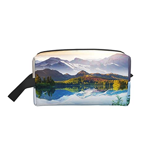 Alp Kulturtasche Fantastic Sunny Day is In Mountain Lake Beauty World Weiß Grün Make-up Tasche Reise Kosmetiktasche Kleine Tasche Aufbewahrungstasche Organizer für Frauen Männer Geschenk von AOOEDM