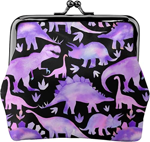 Aquarell-Dinosaurier, Lila auf Schwarz, Damen-Ledergeldbörse, Kleingeldbeutel mit Kiss-Lock-Verschluss, Schnallen-Geldbörse für Mädchen-Geschenk von AOOEDM