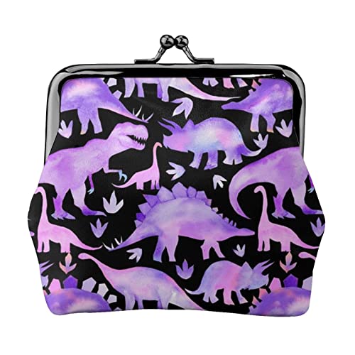 Aquarell-Dinosaurier, lila auf schwarz, Damen-Ledergeldbörse, Kleingeldbeutel mit Kiss-Lock-Verschluss, Schnallen-Geldbörse für Mädchen-Geschenk von AOOEDM