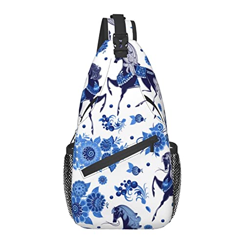 Blaues Pferd Blumenmuster Cross Chest Bag Diagonally Sling Rucksack Crossbody Umhängetasche Reisen Wandern Daypacks für Männer Frauen von AOOEDM