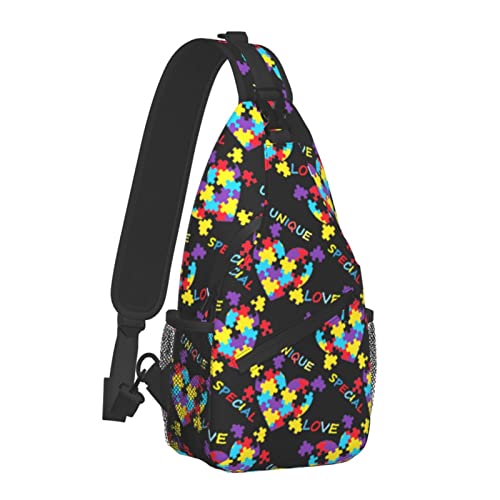 Brusttasche für Männer und Frauen, bunt, Autismus, Bewusstsein, Puzzleteile, Herz, Schwarz, Sling-Schulter-Rucksack, große Kapazität, Umhängetasche mit verstellbarem Schultergurt von AOOEDM