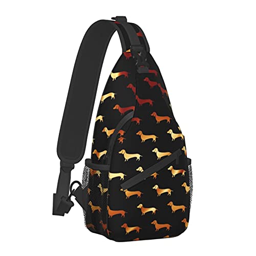 Brusttasche mit großem Fassungsvermögen, goldfarbener Dackel oder Doxie-Muster, schwarzer Rucksack für Männer und Jungen, lustiger Crossbody-Rucksack mit verstellbarem Riemen zum Wandern im Freien, Ei von AOOEDM