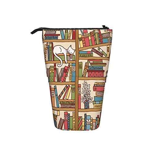 AOOEDM Bücherregal-Teleskop-Federmäppchen, Stand-Up-Federtasche mit schlafender Katze und Kamera, Blumen, Verschiedene Bücher, Bleistift-Organizer, tragbare Federmäppchen für Schule, Büro von AOOEDM