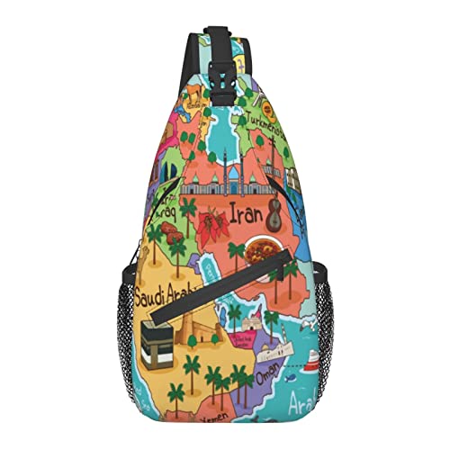 Cartoon Tierweltkarte Kreuz Brusttasche Diagonal Sling Rucksack Crossbody Umhängetasche Reisen Wandern Tagesrucksäcke für Männer Frauen von AOOEDM
