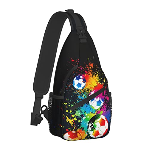 Die bunten Fußbälle auf schwarzem Hintergrund Brusttaschen Umhängetasche Reise-Wanderrucksack Lässiger Schulter-Tagesrucksack für Fußballfans Frauen Männer Die bunten Fußbälle auf schwarzem Hintergrund Brusttaschen Umhängetasche Reise-Wanderrucksack Lässiger Schulter-Tagesrucksack für Fußballfans Frauen Männer von AOOEDM