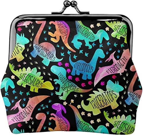 Dinosaurier auf schwarzem Leder-Geldbörse für Damen, Kleingeldbeutel mit Kiss-Lock-Verschluss, Schnallen-Geldbörse für Mädchen-Geschenk von AOOEDM