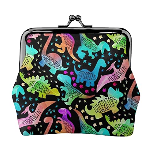 Dinosaurier auf schwarzem Leder-Geldbörse für Damen, Kleingeldbeutel mit Kiss-Lock-Verschluss, Schnallen-Geldbörse für Mädchen-Geschenk von AOOEDM