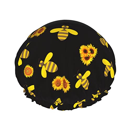 Duschhaube, Bienen-Sonnenblumen, wiederverwendbar, für Frauen, langes Haar, doppellagig, wasserdicht, Bade-Duschhaube, Haarschutz für Kinder, Mädchen, Frauen, 1 Packung von AOOEDM