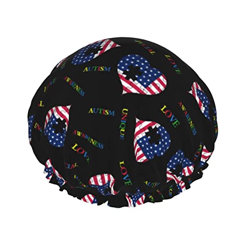 Duschhaube American Flag Love Puzzle Autism Awareness Wiederverwendbare Duschhauben für Frauen, langes Haar, doppelschichtiger wasserdichter Duschhut, Haarschutz für Kinder, Mädchen, Männer von AOOEDM