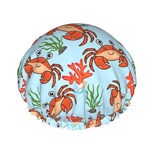 Duschhaube Sea Crab Blue Stripes Wiederverwendbare Duschhauben für Frauen, langes Haar, doppelschichtiger wasserdichter Duschhut, Haarschutz für Kinder, Mädchen, Männer von AOOEDM