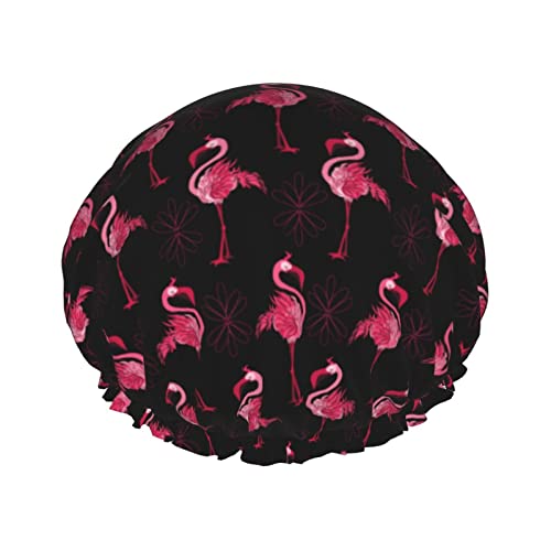 Duschhauben mit rosa Flamingos für Damen, elastische, wiederverwendbare Bade-Haarkappe, umweltfreundlich, Haar-Badekappen, doppelt wasserdicht, Bade-Duschhut von AOOEDM