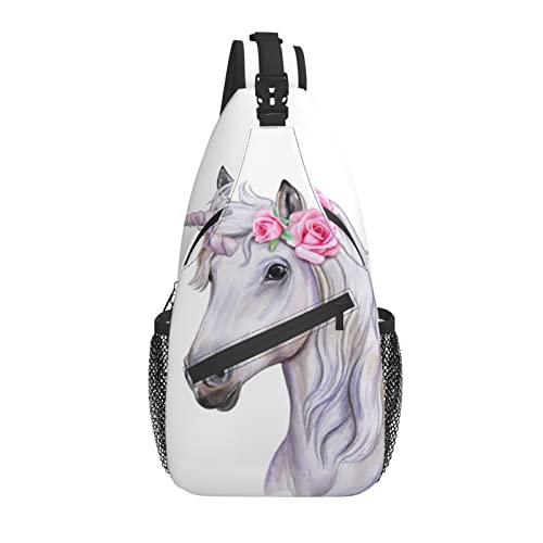 Einhorn-Pferd-Blumen-Rosen-Kreuz-Brusttasche Diagonally Sling-Rucksack Crossbody-Umhängetasche Reisen Wandern Tagesrucksäcke für Männer Frauen von AOOEDM