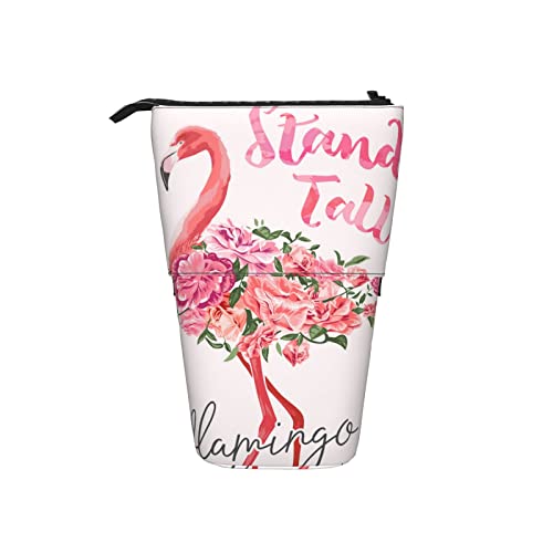 AOOEDM Flamingo Teleskop Federmäppchen Stand Up Pen Bag Schöne Blumen mit Stand Tall Slogan Funny Fashion Pink Cute Pencil Organizer Portable Pencil Bag for School Office von AOOEDM