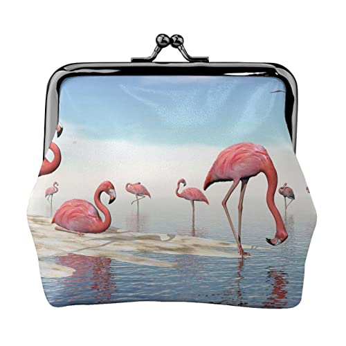 Flock of Pink Flamingos On The Beach Print Kleine Geldbörse Ledertasche mit Kussschloss zum Wechseln der Brieftasche Geschenke für Männer und Frauen von AOOEDM