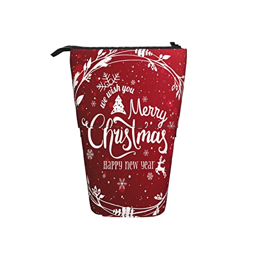 AOOEDM Frohe Weihnachten und Neujahr Teleskop-Federmäppchen Stand Up Pen Bag mit Weihnachtskranz Schneeflocken Light Stars Xmas Red Pencil Organizer, tragbares Federmäppchen für das Schulbüro von AOOEDM