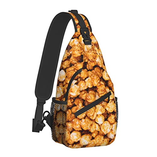 Goldene Karamell-Popcorn-Umhängetasche für Damen und Herren, lustiges Lebensmittelmuster, Crossbody-Schultertaschen, lässiger Sling-Rucksack, Brusttasche, Reisen, Wandern, Tagesrucksack für den Außenb von AOOEDM