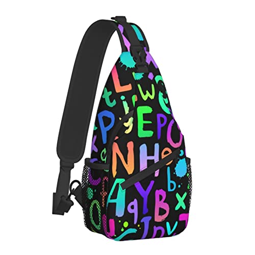 Helle Verschiedene lateinische Buchstaben Umhängetasche für Damen und Herren, Crossbody-Umhängetaschen, lässiger Sling-Rucksack, Brusttasche, Reisen, Wandern, Tagesrucksack für den Außenbereich von AOOEDM