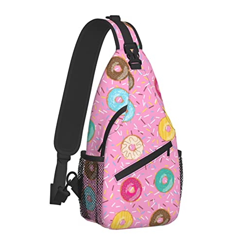 Hellrosa Tasty Donuts and Sprinkles Umhängetasche für Damen und Herren, Crossbody-Schultertaschen, lässiger Sling-Rucksack, Brusttasche, Reisen, Wandern, Tagesrucksack für den Außenbereich von AOOEDM