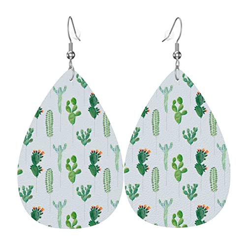 Kaktus-Aquarell-Kakteen-Muster, Leder-Ohrringe für Frauen, baumelnder Ohrring, Tropfen-Anhänger mit Haken, Geschenke für Erwachsene Mädchen von AOOEDM