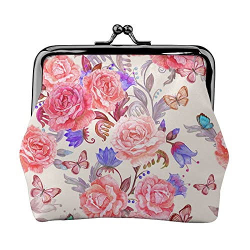 Kleine Geldbörse mit Blumen-Rosen-Schmetterlings-Aufdruck, Ledertasche mit Kussverschluss, Kleingeldbörse, Geschenke für Männer und Frauen von AOOEDM