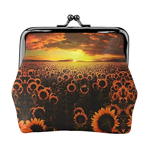 Kleines Portemonnaie mit Sonnenblumenfeld, Sonnenuntergang, Blumenmeer, mit Kussverschluss, Ledertasche, Kleingeldbörse, Geschenke für Männer und Frauen von AOOEDM