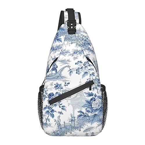 Kompatibel mit Chinesischem Stil Puderblau Chinoiserie Toile Sling Bags Brust Schulter Rucksäcke Umhängetasche Outdoor Brusttasche Reiserucksack für Männer Frauen Wandern Camping Radfahren von AOOEDM