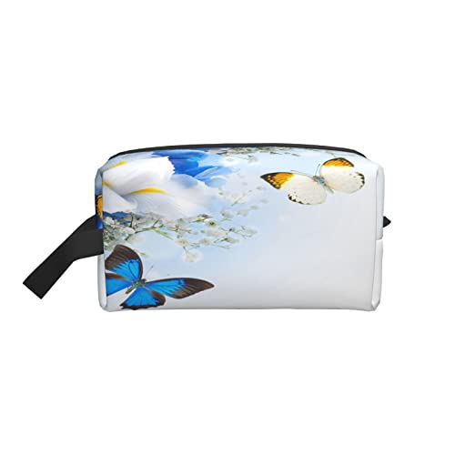 Kulturbeutel mit Blumen und Schmetterlingen, blaue Hortensien und weiße Schwertlilien, Make-up-Tasche, Reise-Kosmetiktasche, kleine Tasche, Aufbewahrungstasche, Organizer für Frauen, Männer, Geschenk von AOOEDM