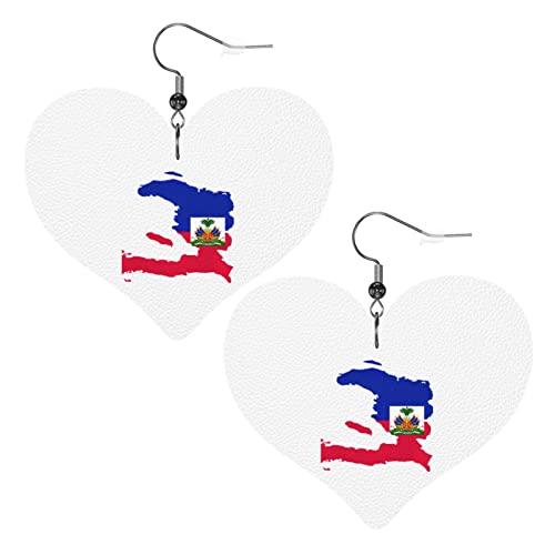 Lederohrringe mit Karte der haitianischen Flagge von Haiti für Frauen, baumelnder Ohrring, Tropfen-Herz-Anhänger mit Haken, Geschenke für erwachsene Mädchen von AOOEDM