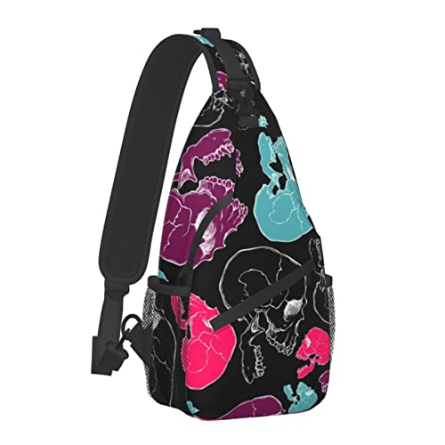 Leichter Sling-Schulterrucksack für Herren, Totenkopf-Skelettmuster, Schwarze Umhängetasche, verstellbare Sporttaschen, große Brusttasche mit verstellbarem Schultergurt von AOOEDM