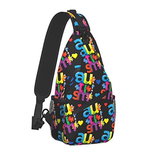 Leichter Sling-Schulterrucksack für Herren, buntes Puzzle, Autismus-Bewusstsein, Schwarze Umhängetasche, verstellbare Sporttaschen, große Brusttasche mit verstellbarem Schultergurt von AOOEDM