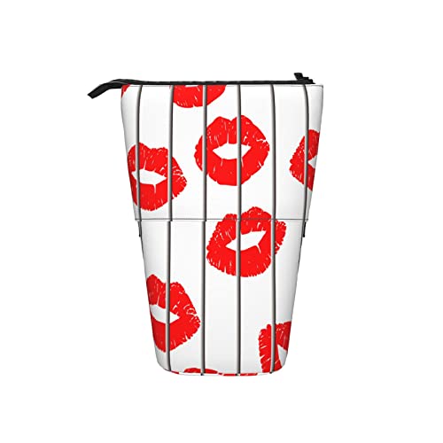 Lippen-Teleskop-Federmäppchen, Stand-Up-Stifttasche mit rotem Lippenstiftbild für den Valentinstag, modisches Design, Gitter-Stil, Bleistift-Organizer, tragbare Bleistifttasche für Schule, Büro von AOOEDM