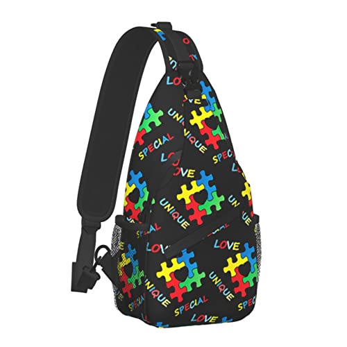 Männer und Frauen Umhängetasche Brust Tagesrucksack Bunte Autismus Awareness Puzzleteile Herz Schwarz Schulterrucksack Umhängetasche für Wandern Camping Laufen Anti-Diebstahl-Rucksack mit großer Kapa von AOOEDM