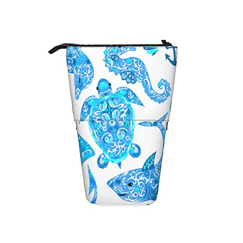 AOOEDM Meerestiere Teleskop-Federmäppchen Stand Up Pen Bag Deep-Water Turtle Teleskop Federmäppchen Stand Up Pen Bag Delfin Seepferdchen Hai Fauna Blau Niedlicher Pencil Organizer Portable Pencil Bag von AOOEDM