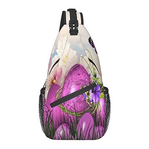 Ostern Lila Eier Schmetterling Kreuz Brusttasche Diagonal Sling Rucksack Crossbody Umhängetasche Reisen Wandern Tagesrucksäcke für Männer Frauen von AOOEDM