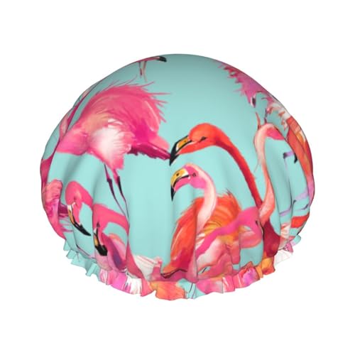 Pinke Flamingo-Duschhauben für Damen, elastische, wiederverwendbare Bade-Haarkappe, Umweltschutz-Haar-Badekappen, doppelte wasserdichte Bade-Duschmütze von AOOEDM