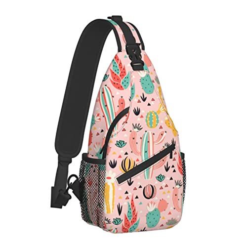 Rosa Wüstenmuster mit Blumen und Kakteen Umhängetasche für Damen und Herren, Crossbody-Schultertaschen, lässiger Sling-Rucksack, Brusttasche, Reisen, Wandern, Tagesrucksack für den Außenbereich von AOOEDM