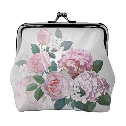 Rosafarbene Hortensien-Rosen-Druck-Kleingeldbörse Kiss-Lock-Lederbeutel-Geldbörse zum Wechseln von Geschenken für Männer und Frauen von AOOEDM