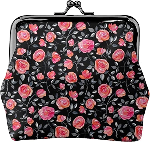 Rosen auf schwarzem Aquarell-Blumenmuster Damen-Leder-Geldbörse, Kleingeldbeutel mit Kiss-Lock-Verschluss, Schnallen-Geldbörse für Mädchen-Geschenk von AOOEDM