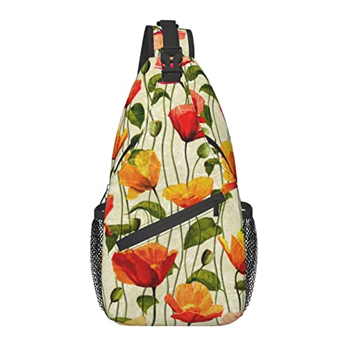 Rot Orange Mohn Blumen Kreuz Brusttasche Diagonal Sling Rucksack Crossbody Umhängetasche Reisen Wandern Tagesrucksäcke für Männer Frauen von AOOEDM